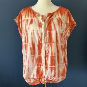 Chaps Large Tie Dye Tee, boho retro style, woman’s blouson tee shirt, rust/white